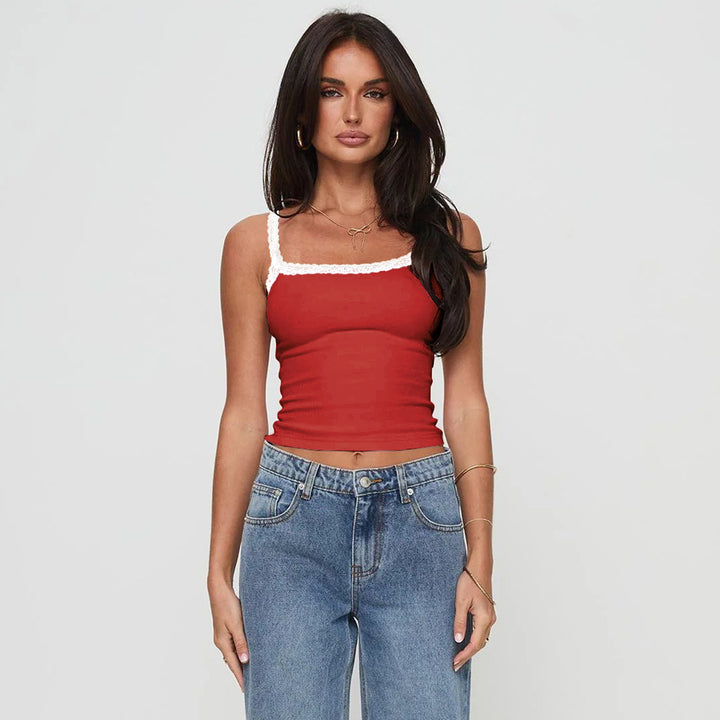 Dame Spaghetti straps top med dekorativt spidskant Stilla