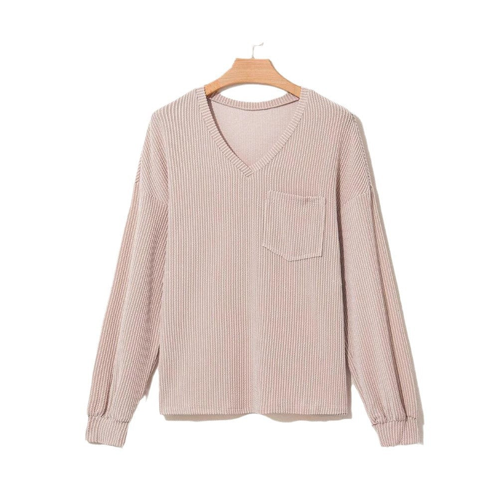 Dame afslappet V-hals sweater med struktur og brystlomme Stilla