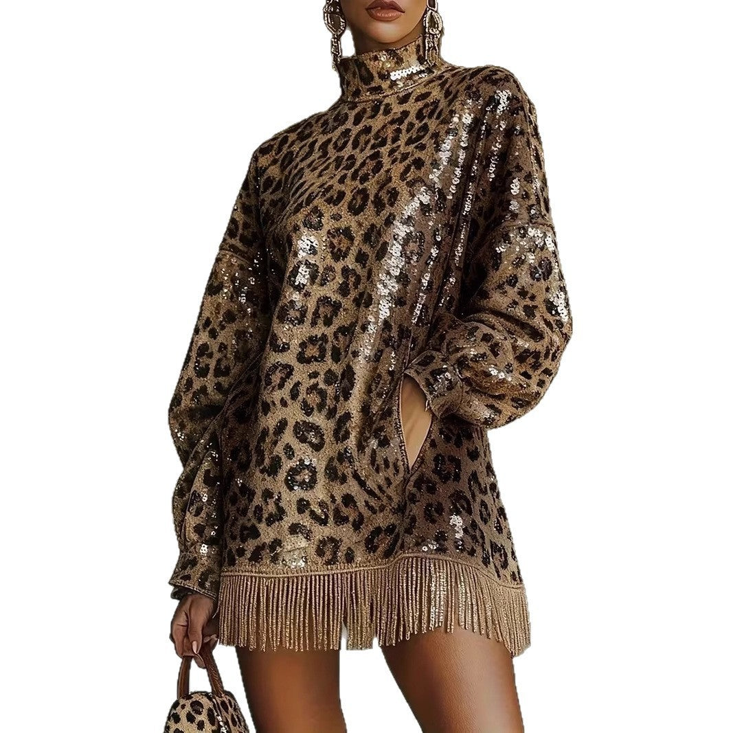 Kvinders glitrende kort kjole med leopardprint og frynser Skovae