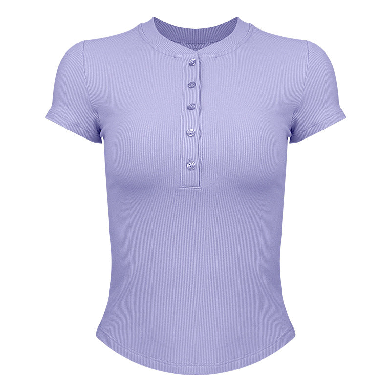 Dame moderne kortærmet Henley-shirt med knaplukning og fin ribstruktur Stilla