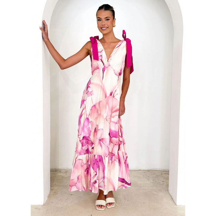 Femme Bohemian Floral Maxi Kjole med justerbare bindesnore Stilla