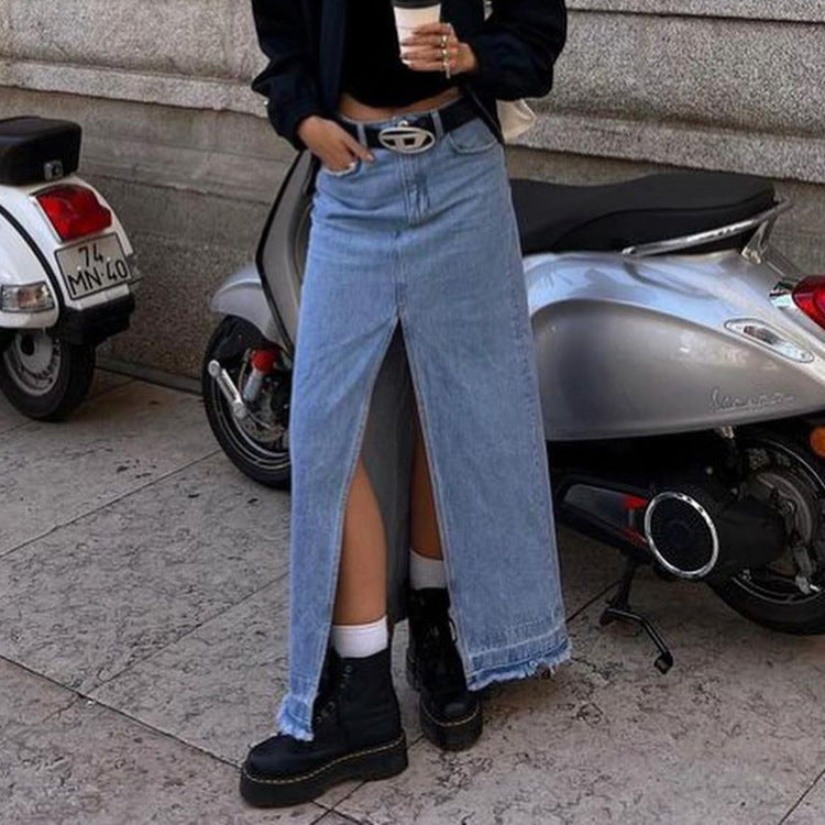 Dame Denim Maxiskørt med sidelæg og høj talje Stilla