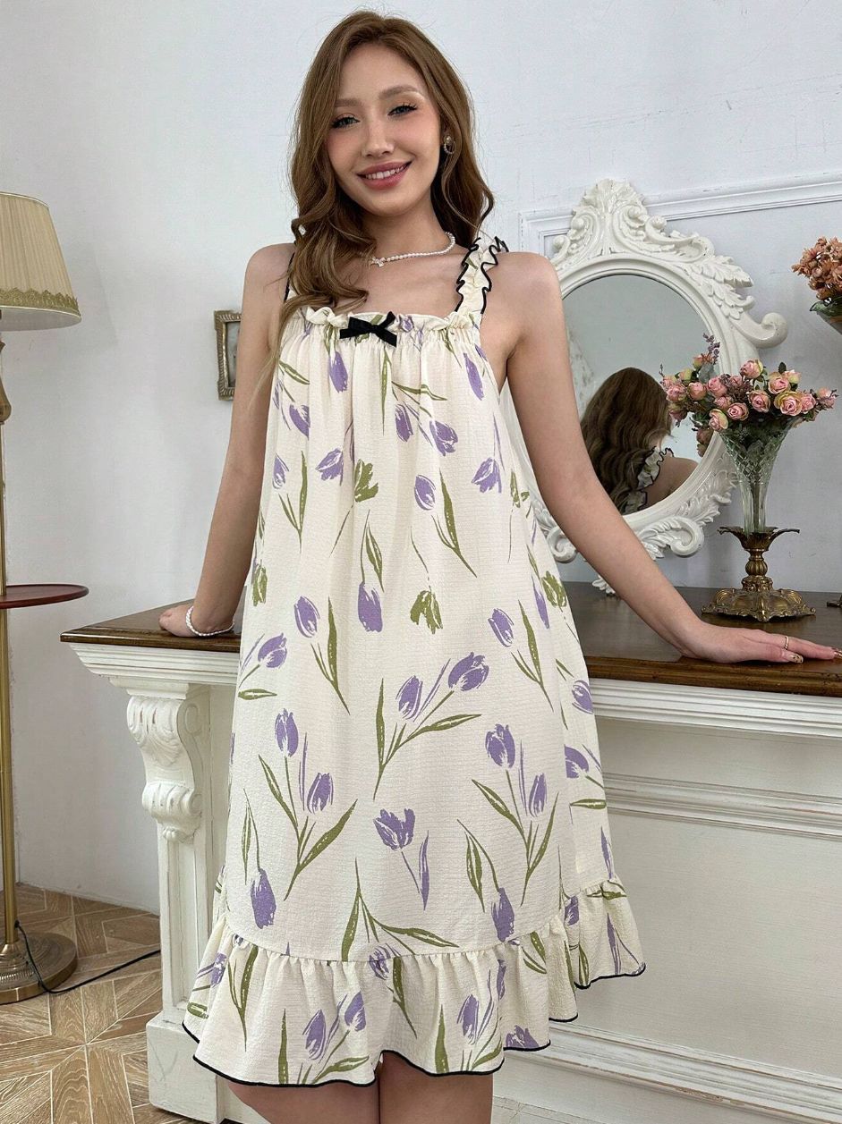 Femme Floral Print Rüschen Mini Kjole Stilla