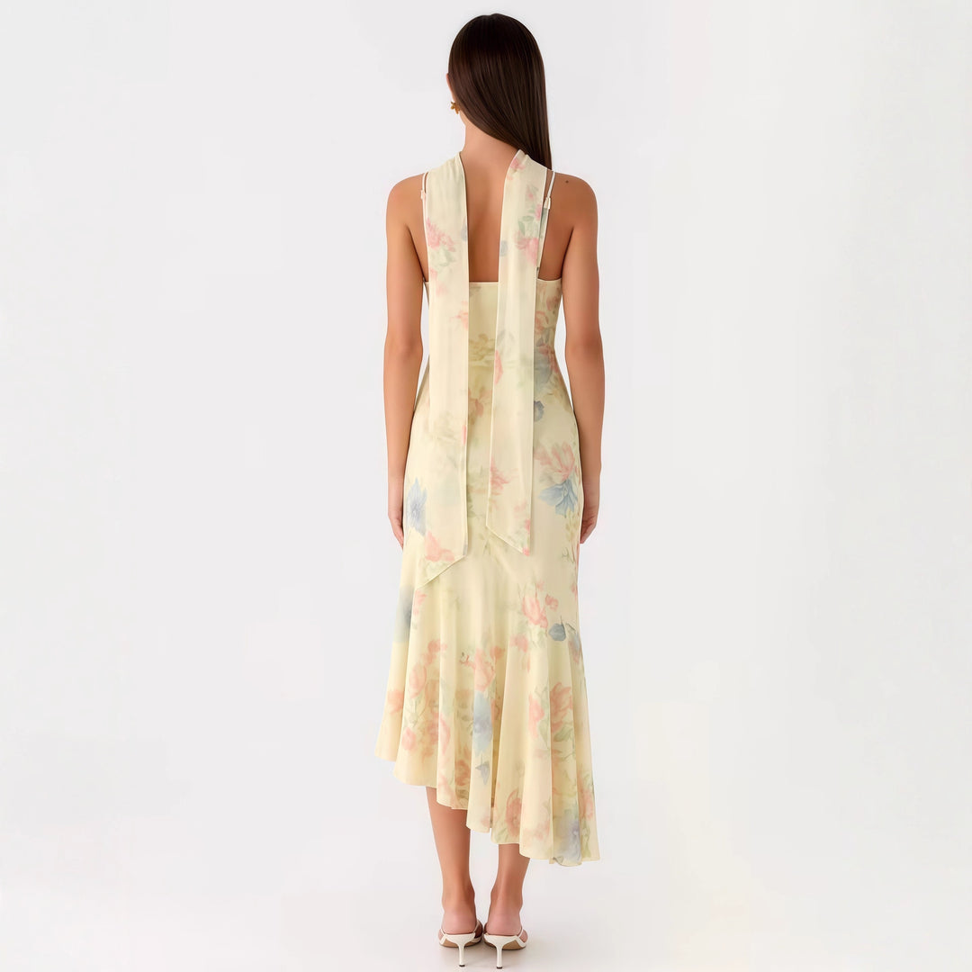 Kvinders elegante maxi kjole med blomster chiffon design og halter hals