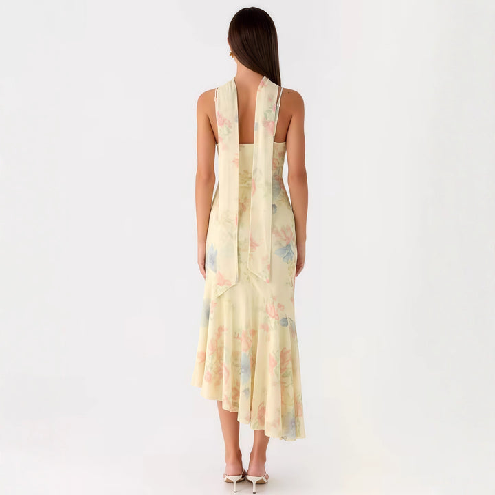 Kvinders elegante maxi kjole med blomster chiffon design og halter hals
