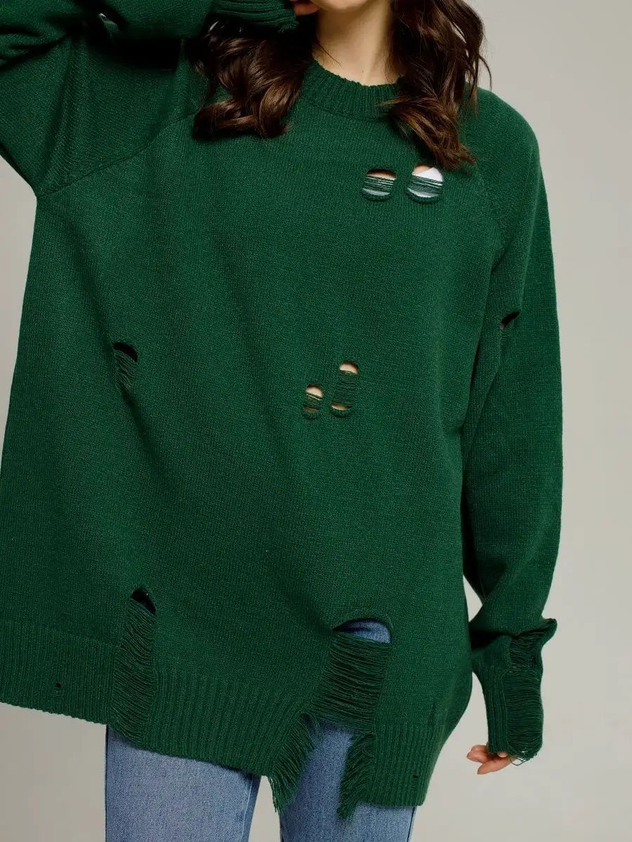 Dame Oversized Strikbluse med Frynser og Hul-Design Stilla