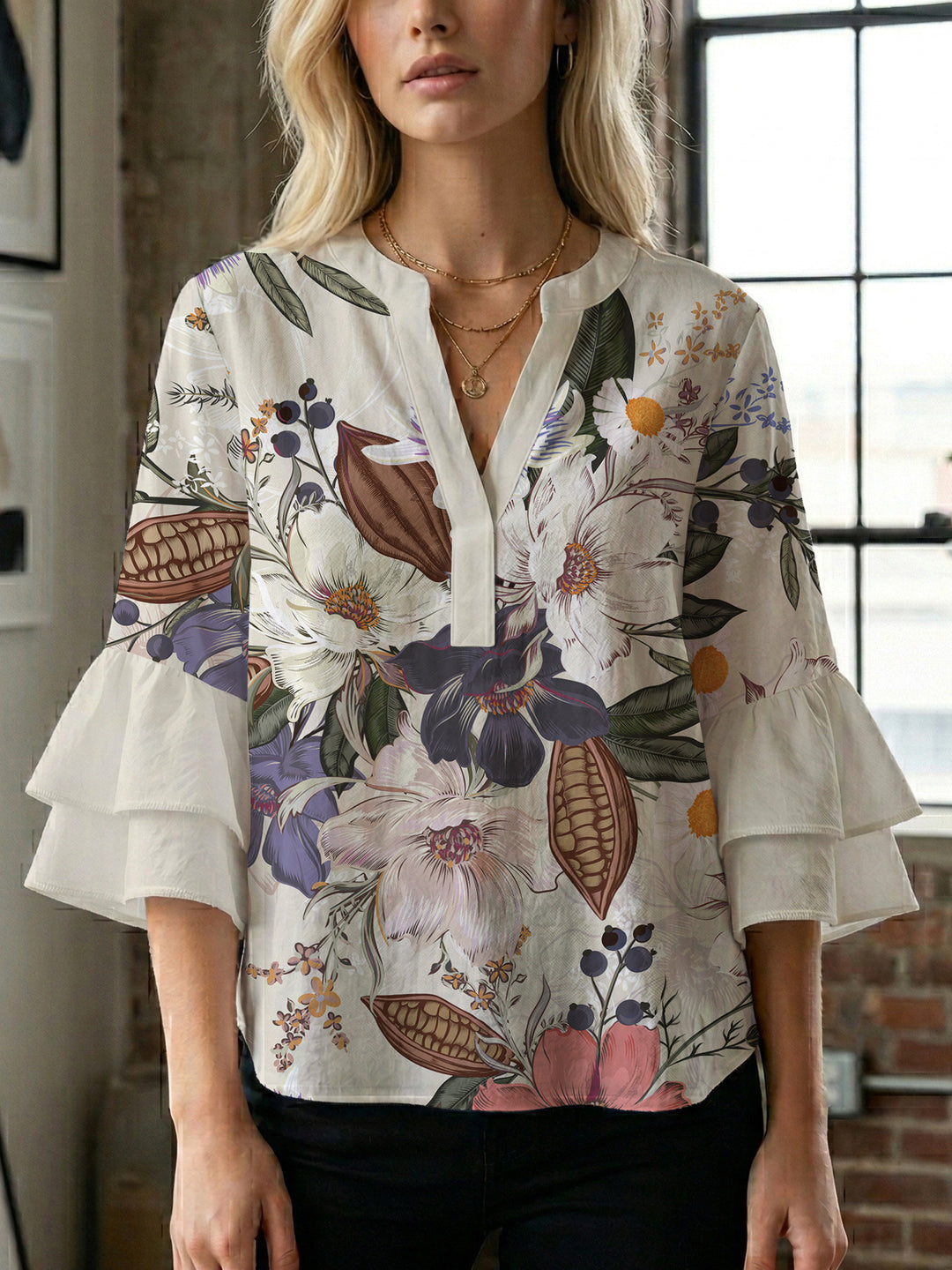 Dame Elegant top med volumiøse puffærmer og floraltryk Skovae
