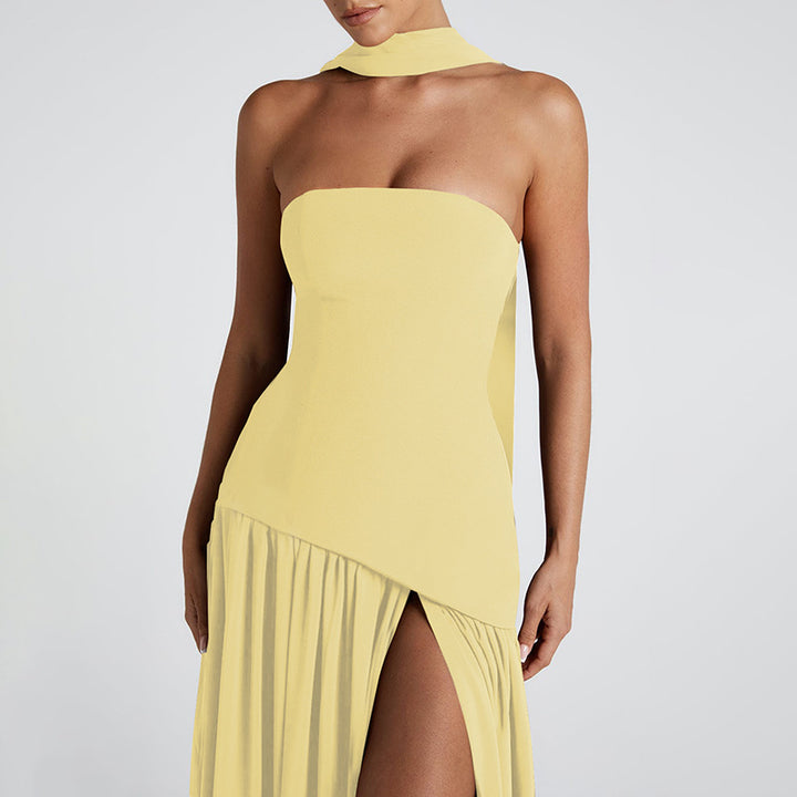 Dame Strapless Maxikjole med side split og Choker Stilla