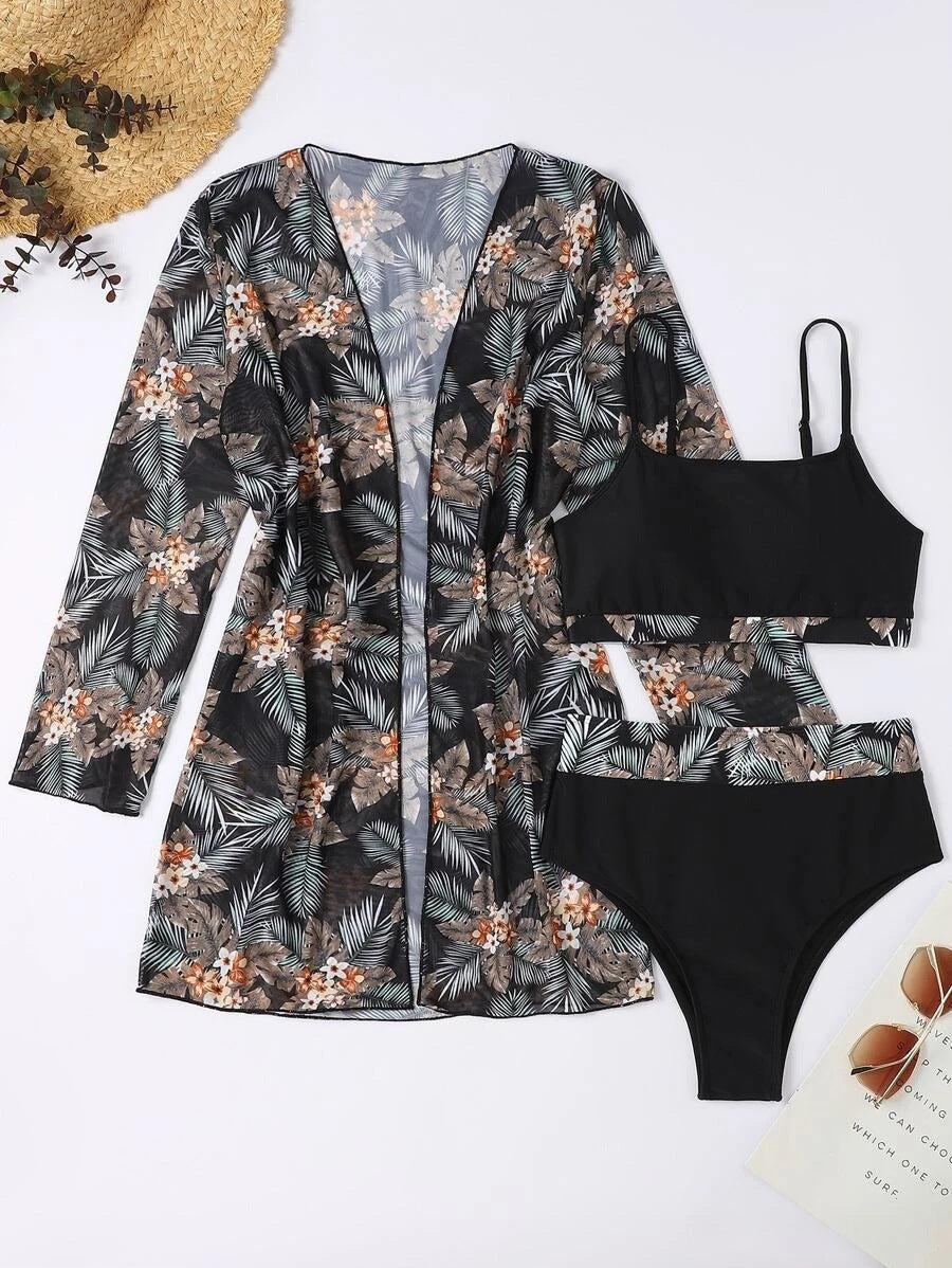 Dame strandtøj sæt med blomster kimono, bikini og højt skåret trusse Stilla