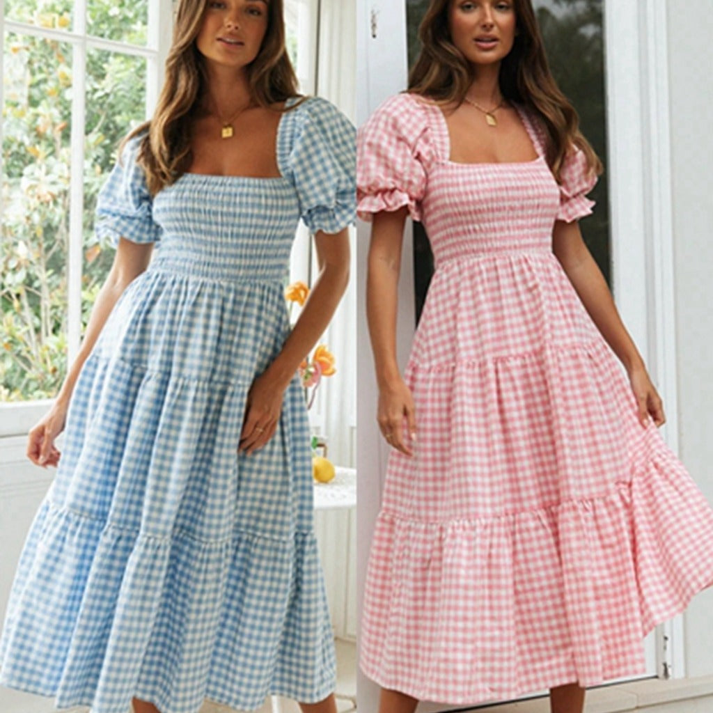 Dame Stufen-Gingham Midi Kjole med Puffærmer Stilla