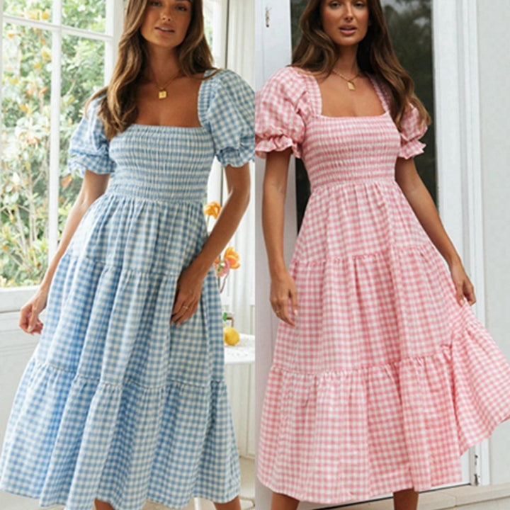 Dame Stufen-Gingham Midi Kjole med Puffærmer Stilla