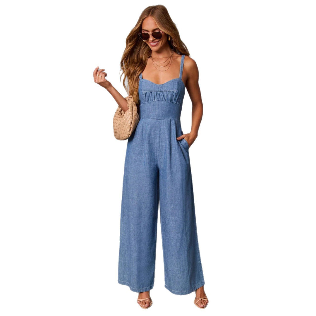 Dame casual denim overalls med elegant bustier top og brede ben
