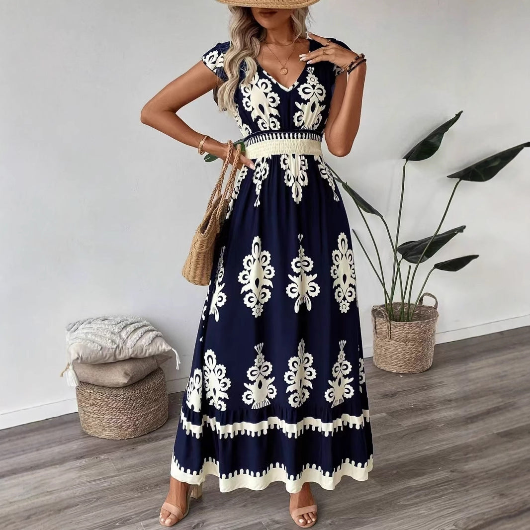 Dame V-Hals Blomstret Broderet Maxikjole Stilla