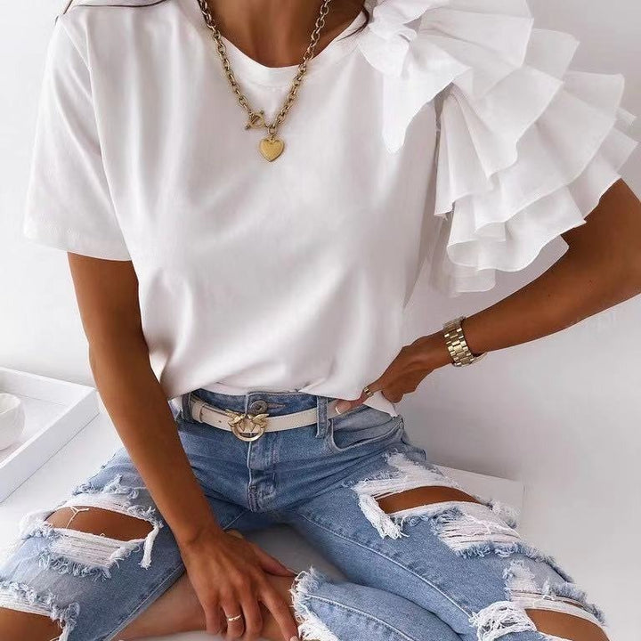 Kvinders T-shirt med trendy flæse detaljer Stilla
