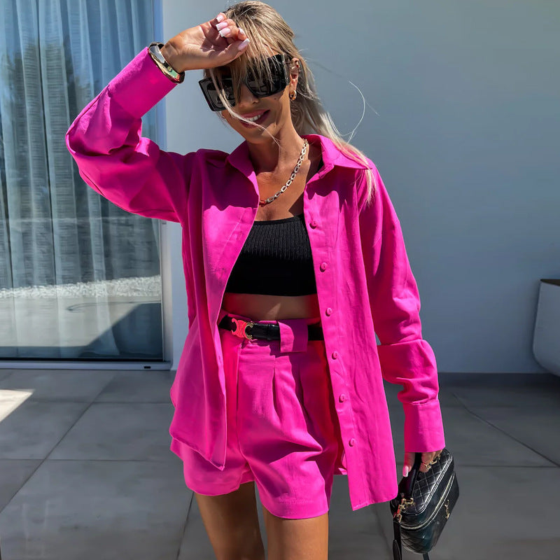 Dame Casual todelt kjole sæt med oversized skjorte og shorts Stilla
