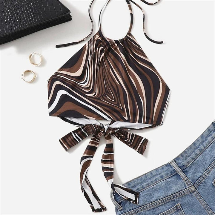 Dame trendy Halter-top med elegant indpakningsdesign og grafisk print Skovae