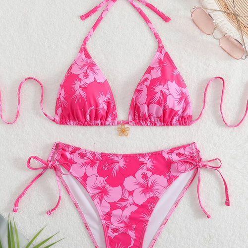 Dame Bikini-sæt med blomsterdesign og justerbare bindebånd Skovae