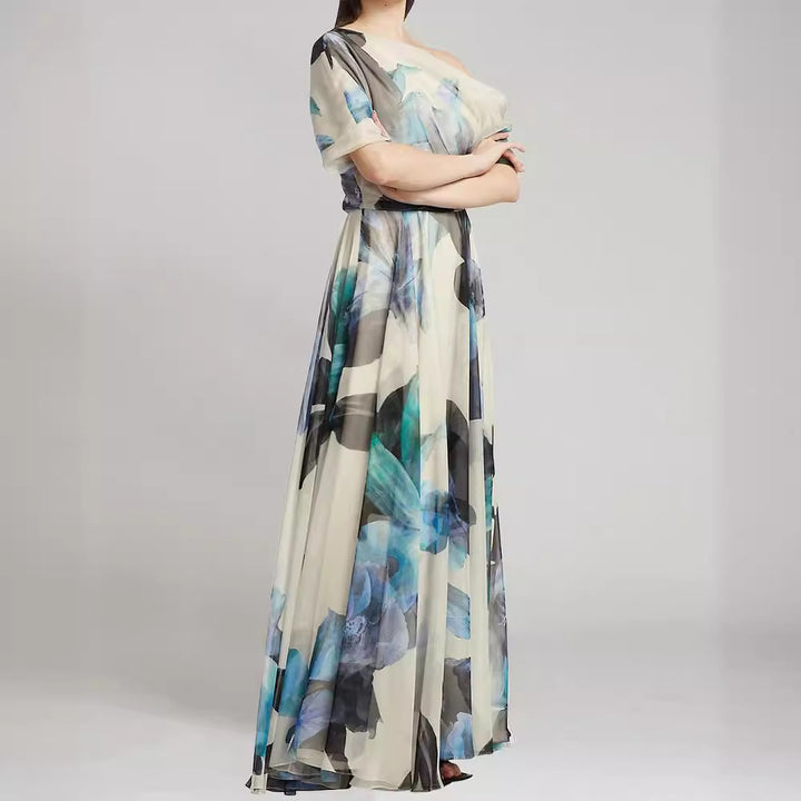 Dame maxikjole med floral chiffon og voluminous ærmer Stilla