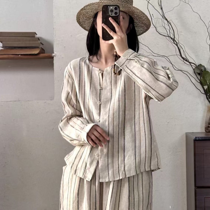 Femme Stribet Linned Knap-Down Bluse Stilla