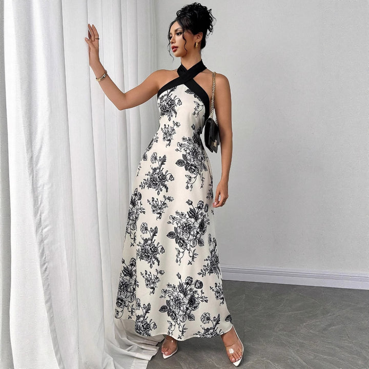 Dame Maxikjole med elegant Cross-Over-udskæring og blomsterdesign Stilla