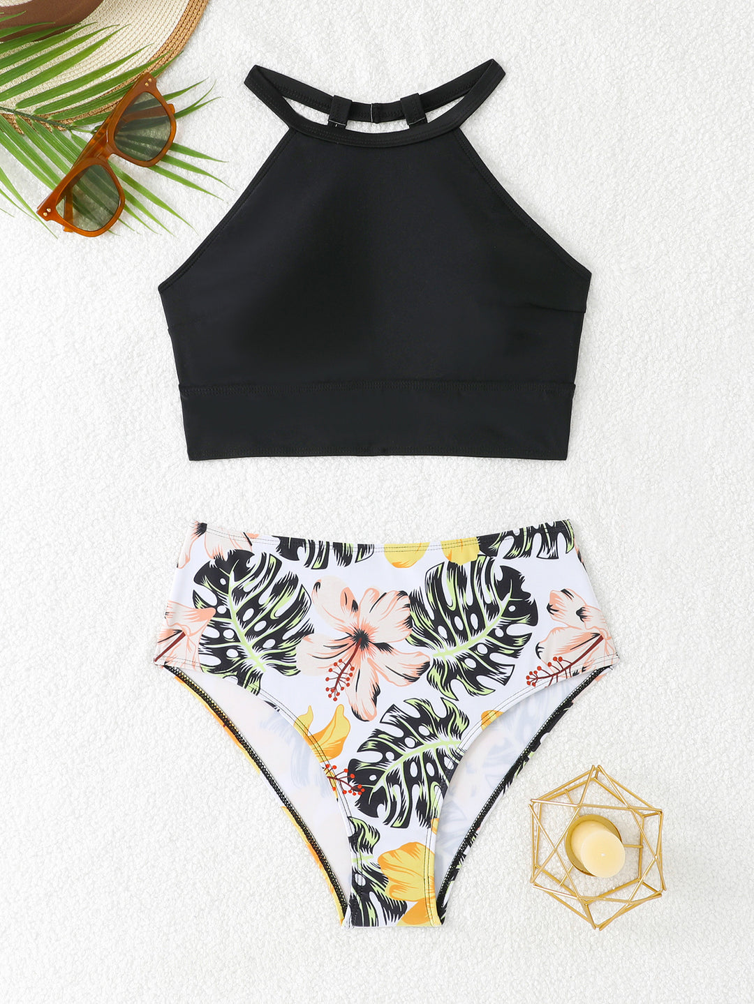 Damer sporty bikini-sæt med højtstående overdel og blomstret mønster Stilla