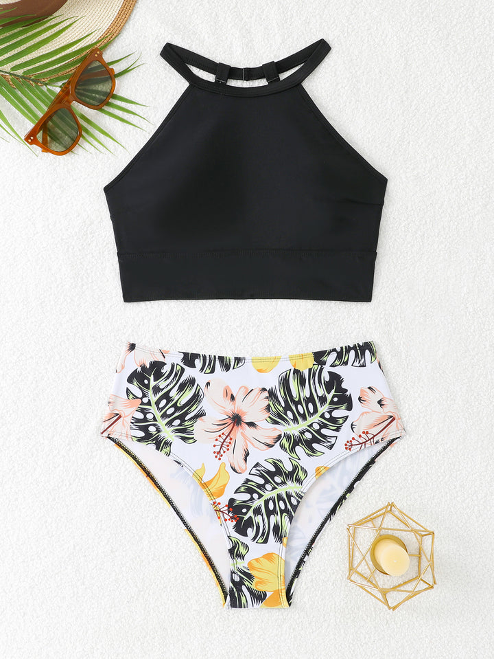 Damer sporty bikini-sæt med højtstående overdel og blomstret mønster Stilla