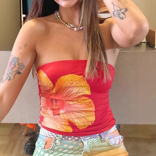 Dame Bandeau-top med stilfuldt blomsterprint og elastisk kant Skovae