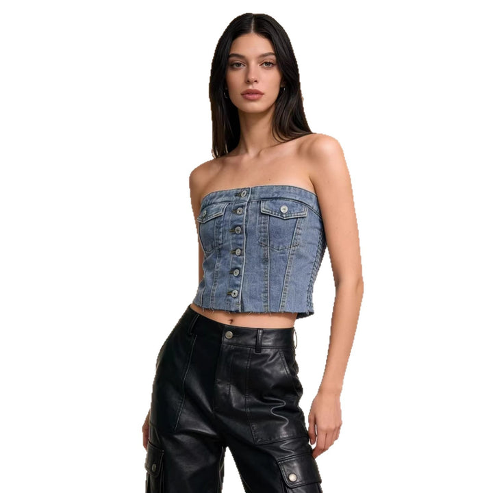 Dame Denim Bustier-top med knapdetalje og frynser Skovae