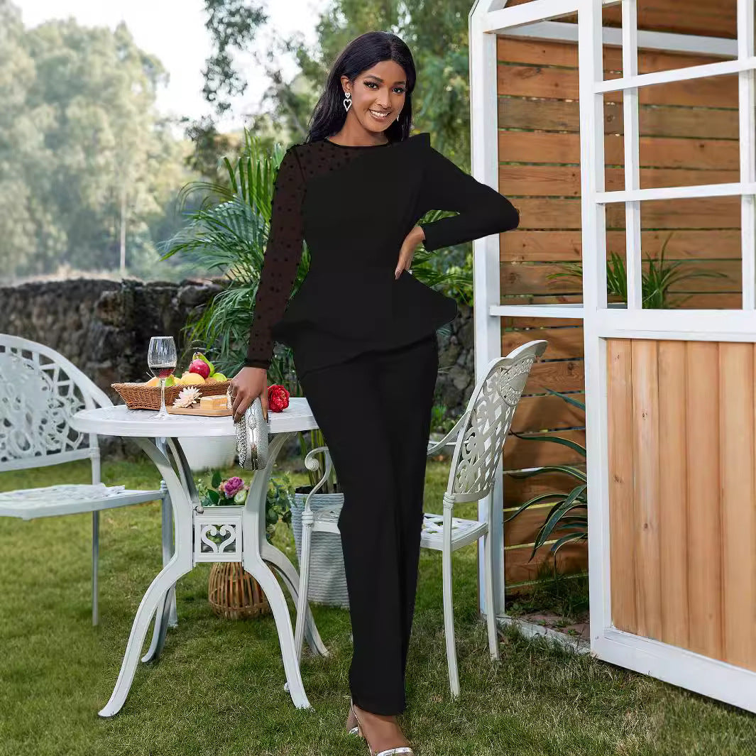 Damer Elegant Jumpsuit med gennemsigtige pufærmer og dyb V-udskæring Skovae