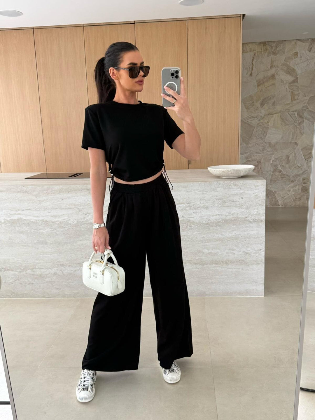 Dame Casual Cropped Top og Vidbenede Bukser Sæt Stilla