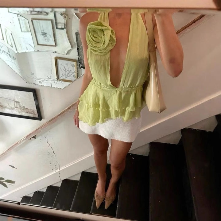 Dame Elegant top med blomsterapplikation og dyb V-udskæring Skovae