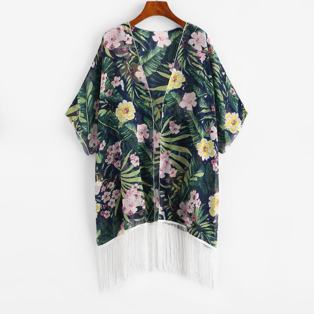 Dame elegant Strandkimono med frynset accenter og blomsterdesign Stilla
