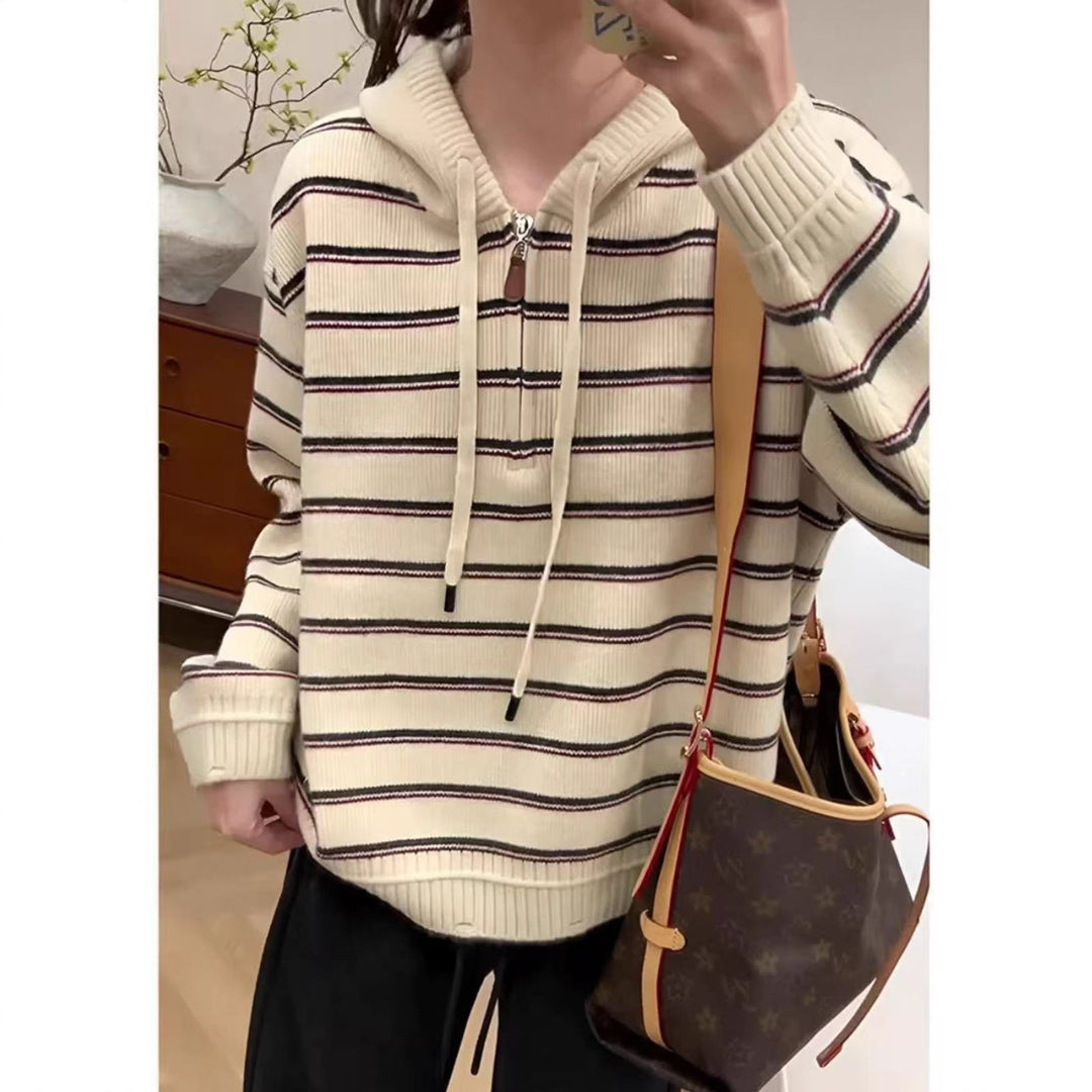 Damer fashionable hoodie sweater med tekstureret stribemønster Stilla