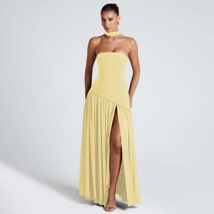 Dame Strapless Maxikjole med side split og Choker Stilla