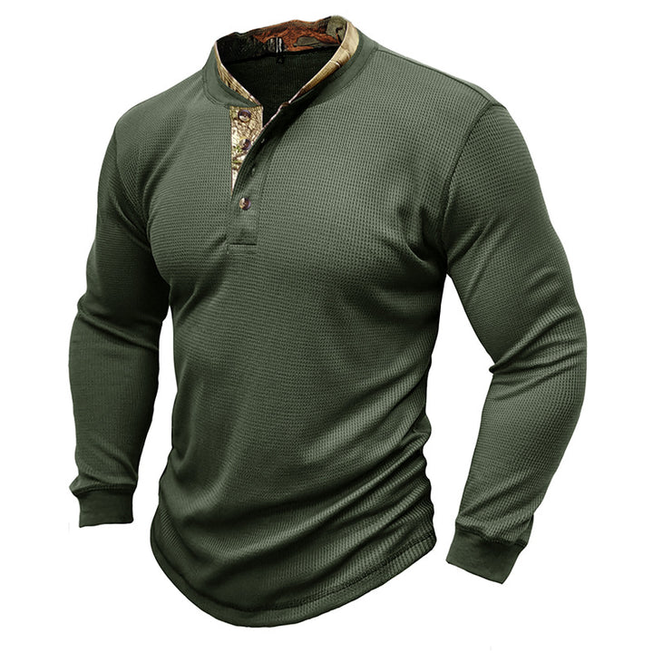 Herrer stilfuld langærmet Henley-shirt med struktureret design og elegant knaplukning Stilla