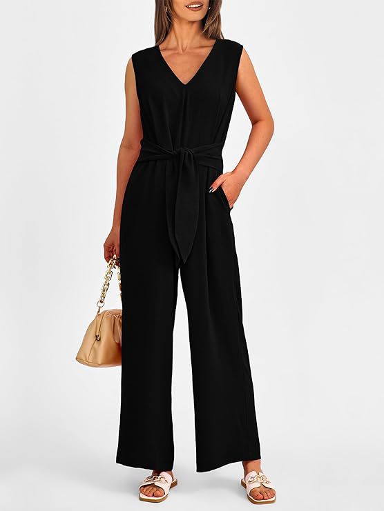 Dame Elegant Jumpsuit med Taljebælte og V-Udskæring Stilla