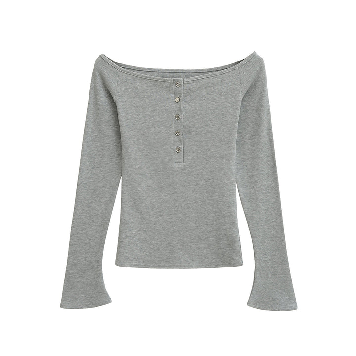 Dame Off-Shoulder Langærmet T-shirt med elegant knapliste og fint ribmateriale Stilla