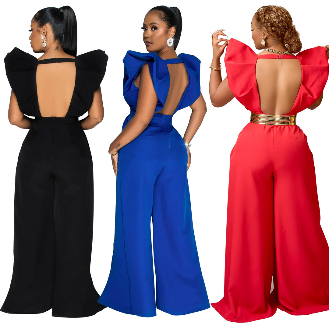 Dame Elegant Jumpsuit med Flæseærmer og dyb Udsnit Stilla