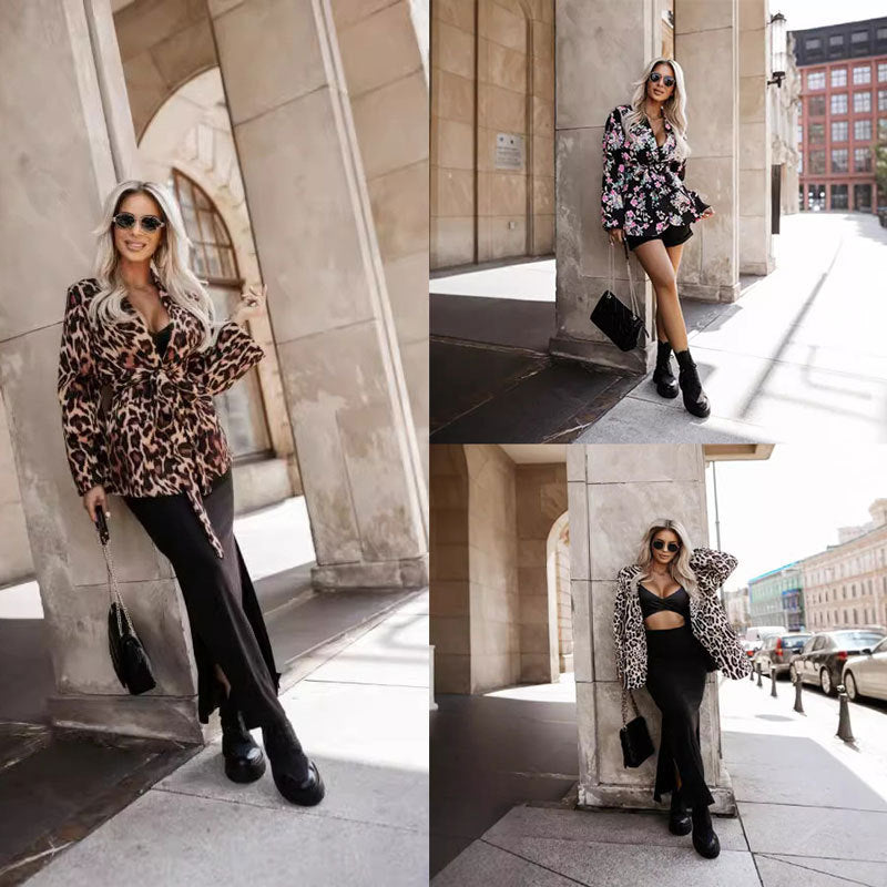 Dame Luksuriøst Animal-Print Blazer-Outfit med figursyet Nederdel Stilla