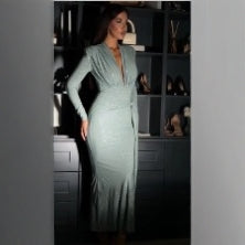 Damer Elegant Maxi Kjole med Dyb V-Hals og Figur-Nær Silhuet Skovae