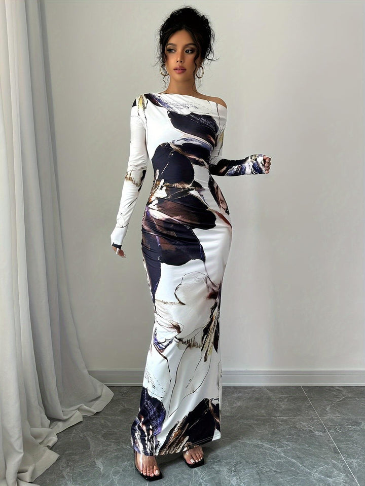 Dame Elegant Off-Shoulder Maxikjole med kunstnerisk blomsterdesign Stilla