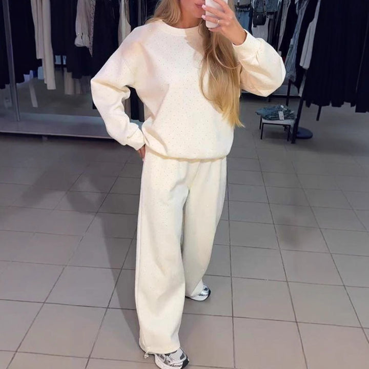 Dame hyggeligt sweatshirt-sæt med fine prikker og elastisk bånd Stilla
