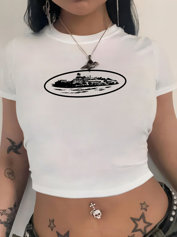 Dame cropped T-shirt med eksklusivt hestemotiv og figurtilpasset snit Skovae