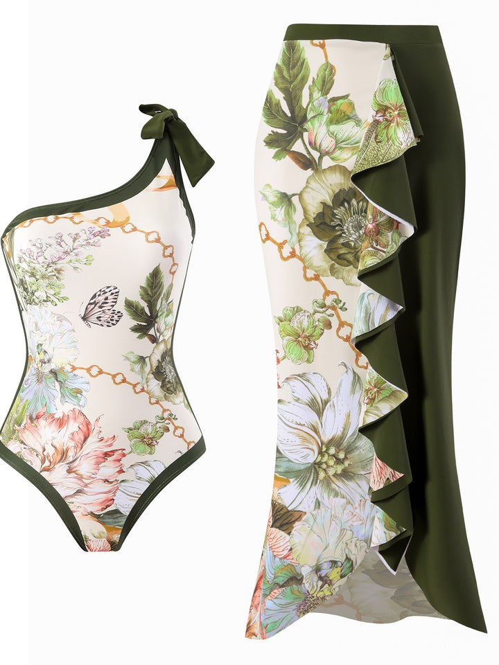 Dame ensidet badedragt med blomsterdesign og matchende maxi-nederdel Stilla
