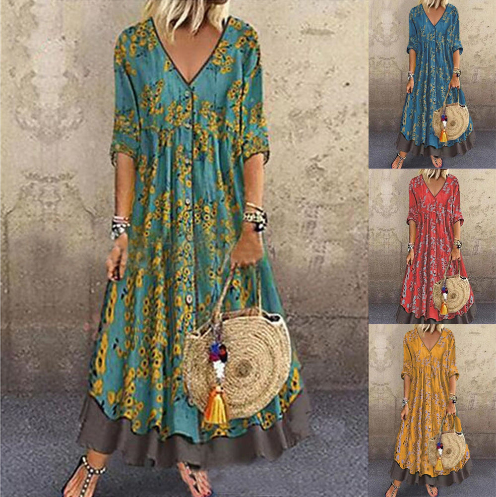 Dame Bohemian Floral Maxi Kjole med V-udskæring og Knapdetaljer Stilla