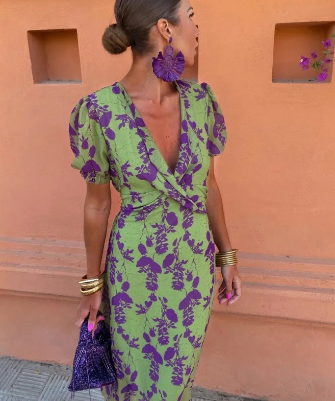 Damer Elegant Wickelkjole med blomsterdesign og Puffærmer Stilla