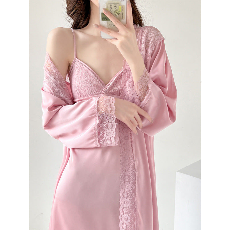 Dame Elegant Nattøj med Spidsedekoration og Kimono-Ærmer Stilla