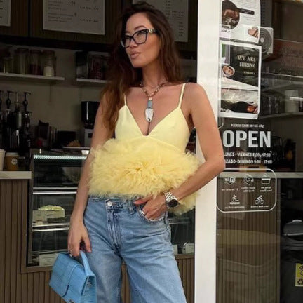 Femme Rüsch Tüll Kant Crop Top Stilla