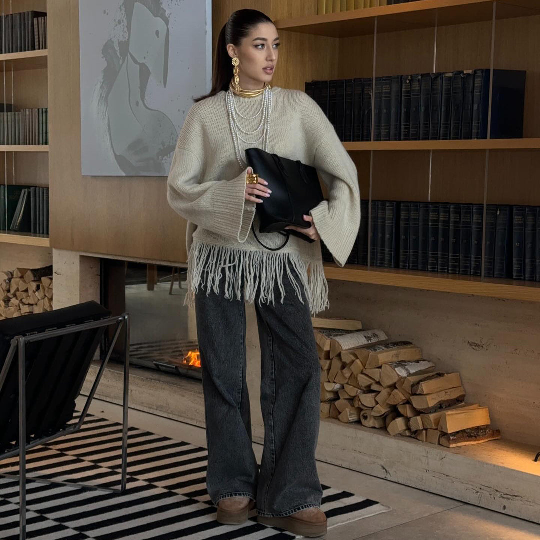 Kvindes Fashionable Strikket Sweater med Frynser Stilla