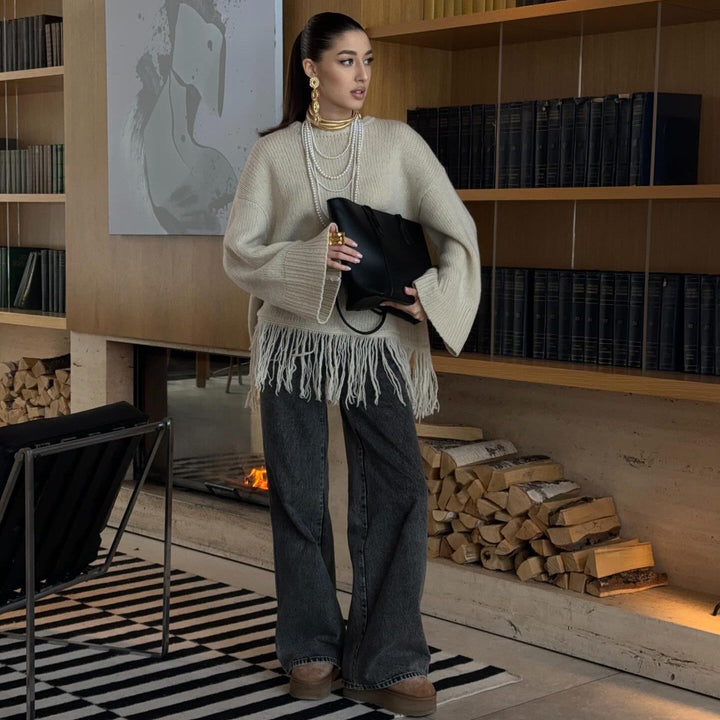Kvindes Fashionable Strikket Sweater med Frynser Stilla